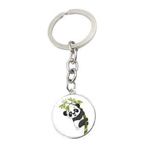 Cute Cartoon Panda Climbing Bamboo Metal Keychain Zinc Alloy Glass Pendant Key Ring Animal Bag Charm Jewelry For Women Men Gift