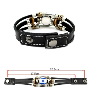 Multilayer leather Israel flag bracelet with vintage beads and adjustable snap buttons