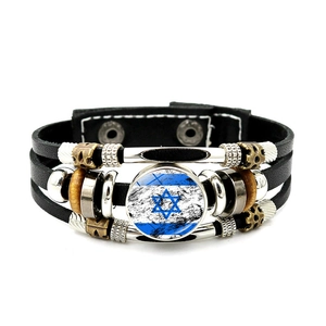 Handmade leather multilayer bracelet with Israel flag glass charm and wooden beads