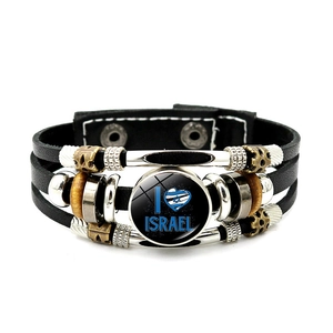 Close-up of multilayer leather bracelet with I Love Israel glass charm and beads