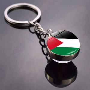 Detailed view of Palestine flag glass ball pendant keychain with silver metal ring