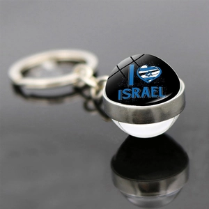 Porte-clés argenté créatif avec pendentif dôme en verre I Love Israel sur fond noir poli
