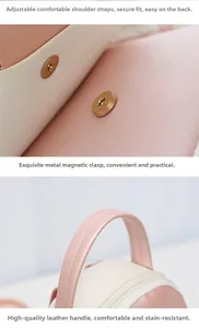 Détail du sac à dos bicolore rose avec boucle métallique et poignée en cuir synthétique
