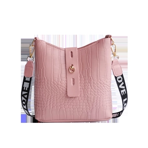 Pink crocodile pattern bucket bag with adjustable 'LOVE' printed shoulder strap