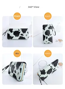 Four-angle view of long cow print wallet with zipper closure and matching wrist strap