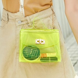Neon yellow transparent PVC jelly crossbody bag with gold chain and metal lock closure