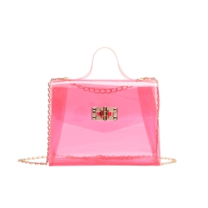 Pink transparent jelly handbag with gold chain strap and turn-lock closure for women