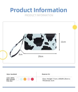 Detailed size specifications and PU material info for long cow print wallet for women