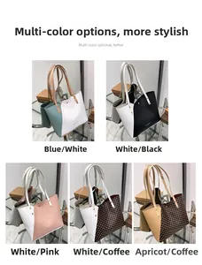 Detail view showing five color variations of spacious faux leather tote bags with long straps