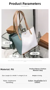 Detail view of the gray-green and white PU leather tote bag with FASHION&BAGS text