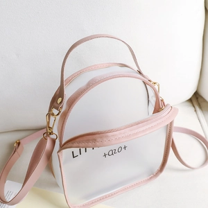 Pink leather and transparent PVC mini crossbody backpack with gold dual zipper hardware