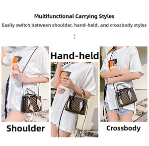 Three-way carry modes of checkerboard patterned handbag with blue silk scarf detail