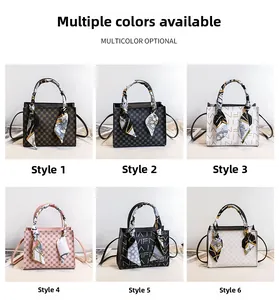 Collection of six elegant printed tote bags with silk scarves wrapped on handles