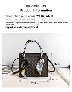 Brown monogram crossbody bag with elegant printed scarf handle and thin shoulder strap