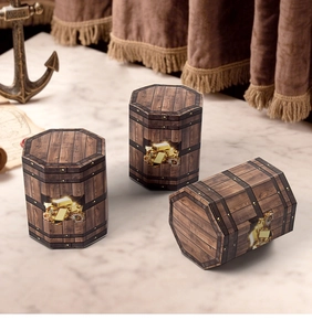 Three-piece octagonal treasure chests with wood grain and gold coin prints for gifts