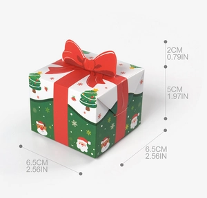 Detailed view of square Christmas candy box with 3D red bow and dimensions labels