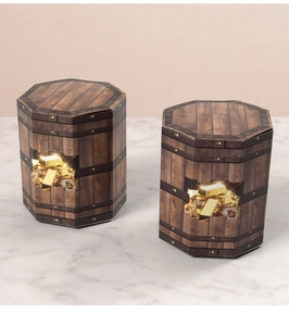 Detail of creative octagon gift box with realistic wood barrel texture and treasure pattern