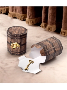 Hexagonal gift box with realistic wood grain finish and treasure print design