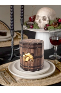 Detail of hexagonal treasure chest gift box with wood grain and gold coin prints