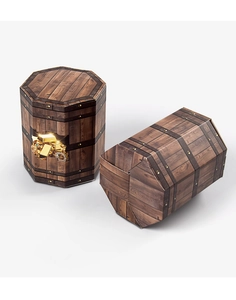 Detailed view of wood grain gift box with printed gold coins and treasure pattern