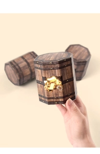Detail of hexagonal folding treasure box with realistic wood grain and gold coin prints