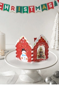 Detaillierte 3D-Weihnachtskarte in Hausform mit Schneemann auf weißem Dekotablett