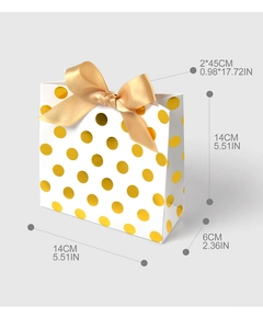 Detail view of small white gift bag with gold foil dots and satin ribbon bow dimensions