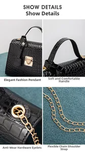 Detail of crocodile pattern texture, gold lock and metal chain strap on Kelly bag