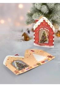 Detaillierte 3D-Weihnachtskarte mit hohlem Hausdesign und festlichen Feiertagsillustrationen