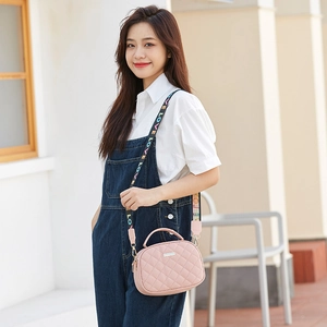 Pink quilted crossbody bag for women with stylish LOVE letter wide shoulder strap