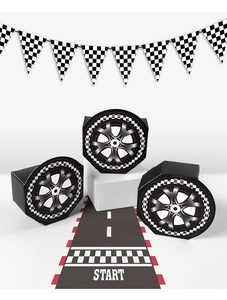 Three racing tire themed party favor boxes with checkered flag background and start line