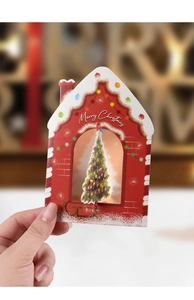 3D Pop-up Weihnachtskarte in Hausform mit festlichem Tannenbaum und Schneedetails