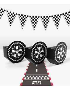 Detailed view of racing-themed 3D tire gift boxes with checkered flags and track background
