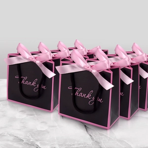 Minimalist Paper Gift Bags With Satin Bowknot And Thank You Print Square Handle Bags For Wedding Birthday Party Favors