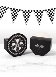 Race car party favor boxes with tire design and black white checkered flag banner decoration