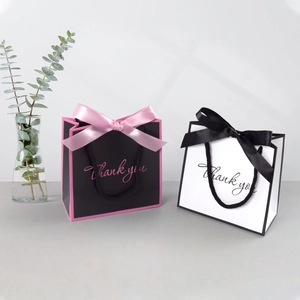 Simple Elegant Paper Gift Bag With Satin Ribbon Bow Thank You Printed White Cardboard Handheld Packaging Bag For Party Wedding