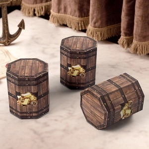 Hexagonal wood grain gift box with pirate treasure chest print on marble surface
