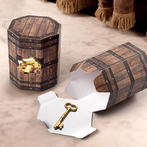 Octagonal gift box with wood barrel texture and gold treasure print for Halloween party