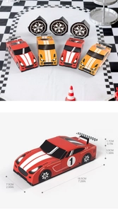 Detailed dimensions of 3D racing car party favor boxes in red and orange colors