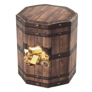 Hexagonal wooden barrel gift box featuring a creative 3D golden treasure chest pattern