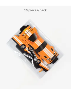 Close-up of 10 pack foldable orange racing car theme gift boxes in clear packaging