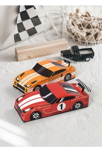 Detail of red and orange racing car themed party favor boxes with number one racing decals