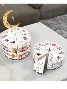 Macro detail of triangle cake-shaped candy boxes with festive Ramadan illustrations