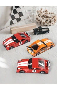 Detail of creative racing car gift boxes with red orange colors and checkered flags