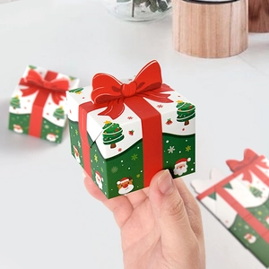 Mini Christmas gift boxes with red bows and festive Santa tree patterns, 10-piece set