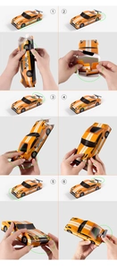 Detailed step-by-step assembly guide for a paper race car party favor treat box