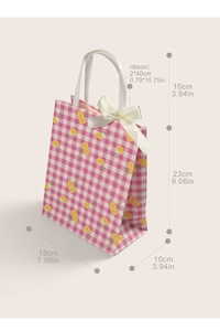 Detailed view of pink floral paper gift bag with size specs and white satin ribbon handles