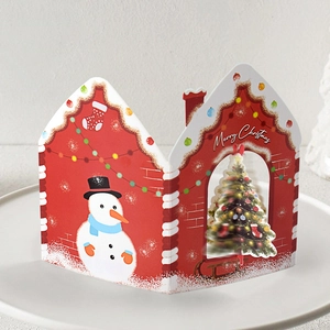 Biglietti di Auguri di Natale 3D Pop Up a Forma di Casa Merry Christmas Con Pupazzo di Neve Albero per Festa