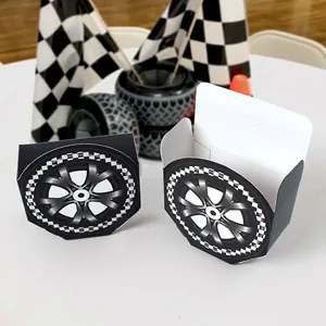 Racing Car Theme Party Favor Candy Box Tire Shape Cardboard Gift Packaging For Birthday Celebration Checkerboard Decor