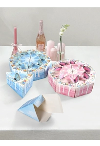 Macro detail of triangle cake gift boxes with 3D butterfly design and floral patterns